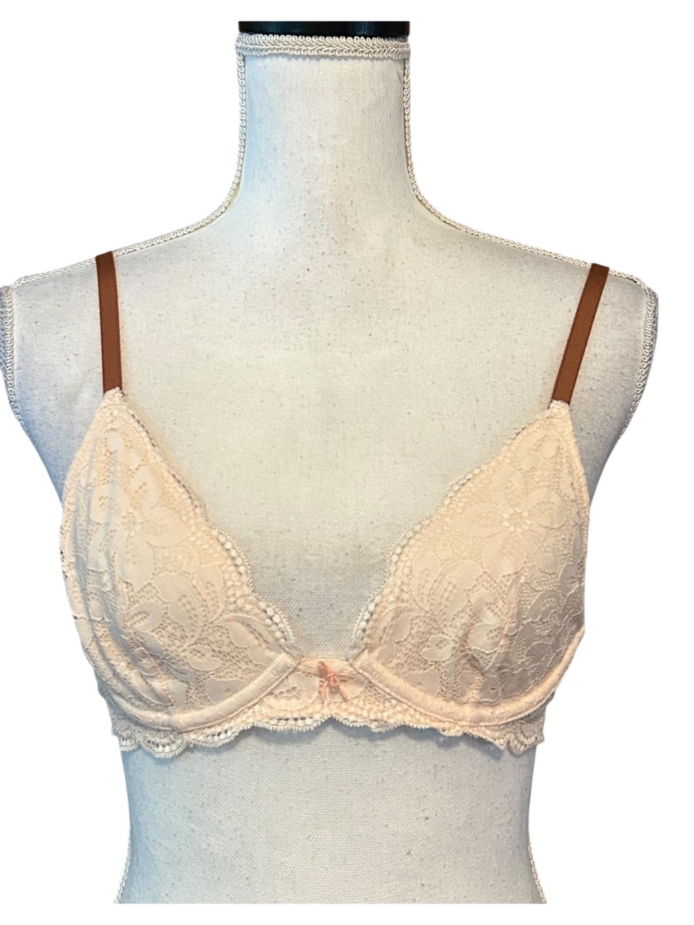 aerie HAPPY Lace Bralette Bra Nude Cream & Brown Lightly Line Demi SZ 34B